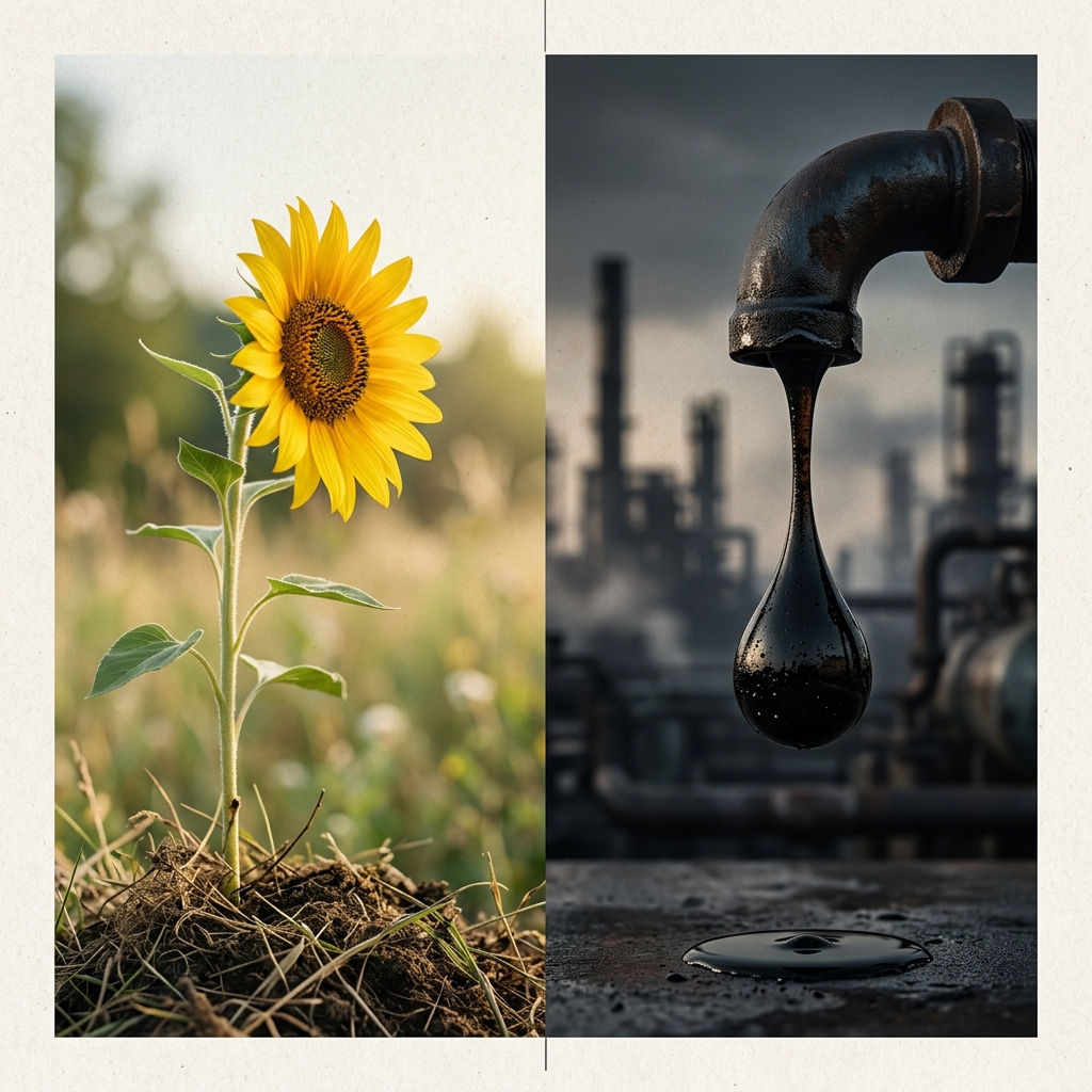 Contraste entre un girasol natural y el impacto industrial del aceite refinado, reflejando la realidad tóxica detrás de su procesamiento.