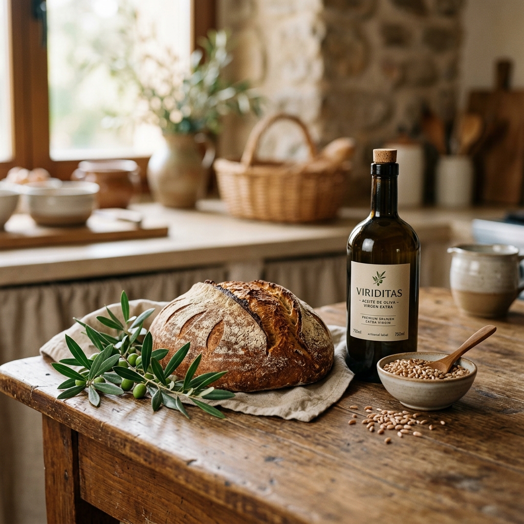 Mesa orgánica con pan artesanal, aceite de oliva y elementos naturales de Bio-Regeneración