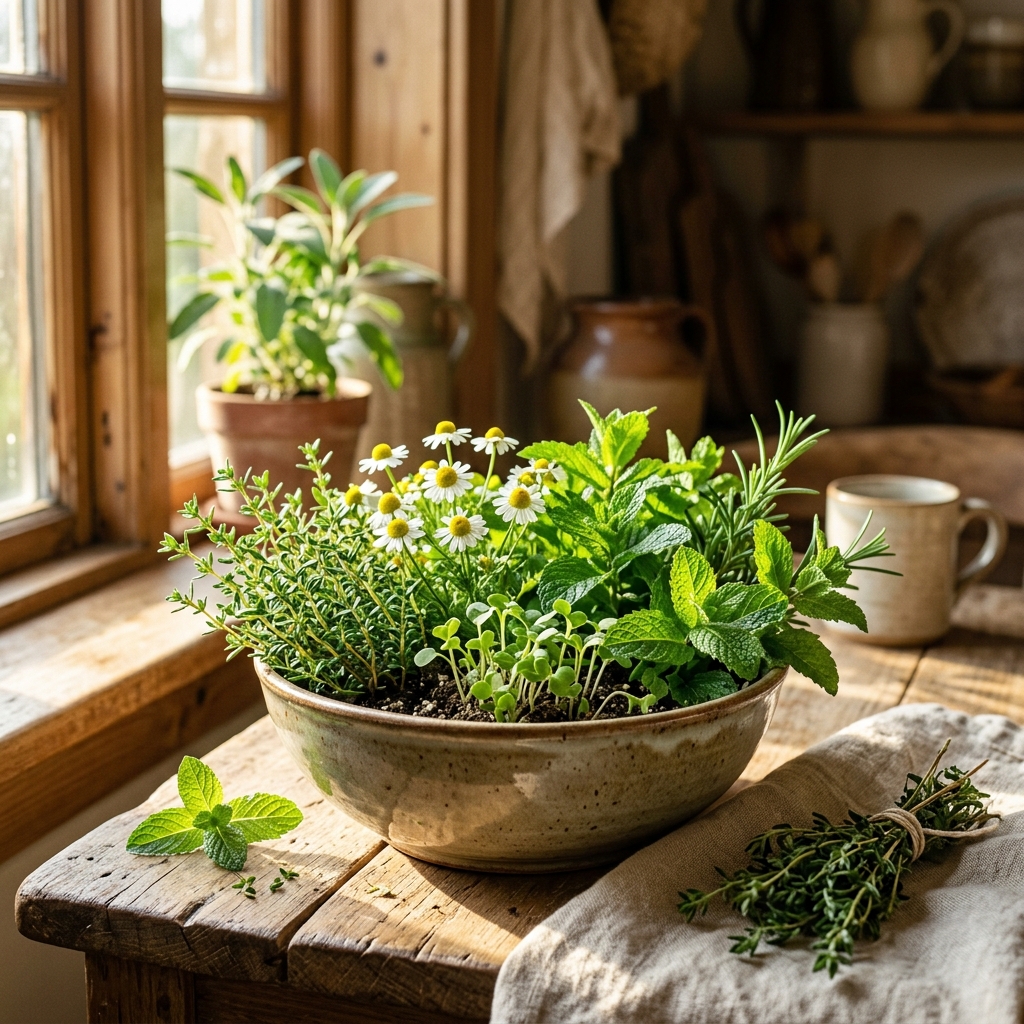 Un cuenco cerámico rústico con hierbas curativas frescas bañado por una luz cálida y natural del amanecer, transmitiendo paz, orden interior y restauración biológica.