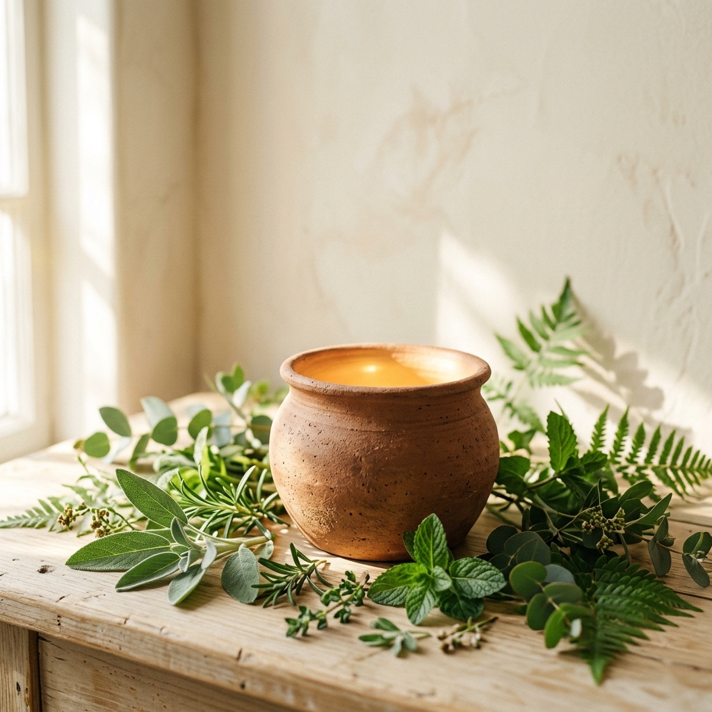 Una vasija de barro tibio artesanal con una luz dorada en su interior, rodeada de hojas verdes y hierbas bajo un rayo de sol suave del amanecer, transmitiendo paz y equilibrio hormonal.